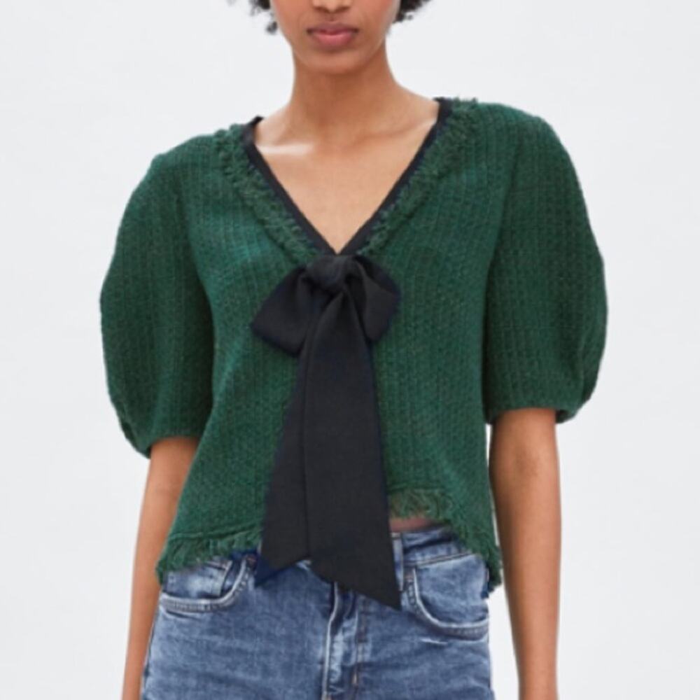 Zara Green Tweed Blouse Shirt Black Floppy Bow Puff Sleeve Top Woven XS